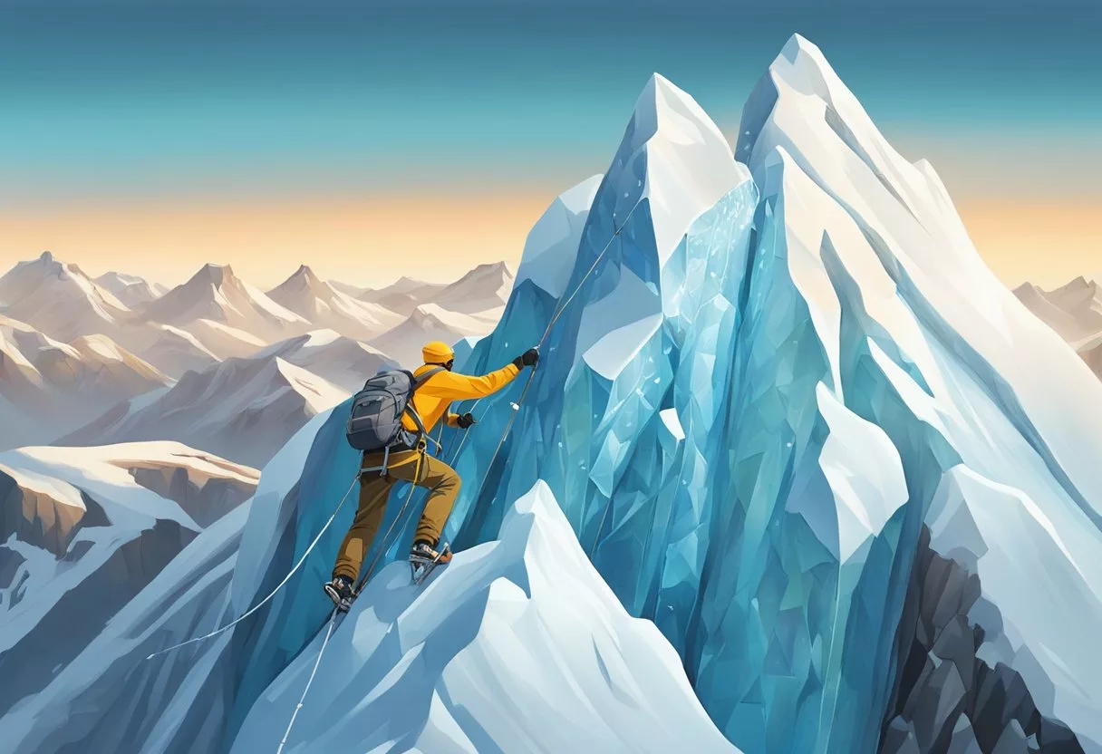 A climber effortlessly uses the Alpine Ice Hack to chip away at a thick layer of ice, revealing the rugged terrain beneath