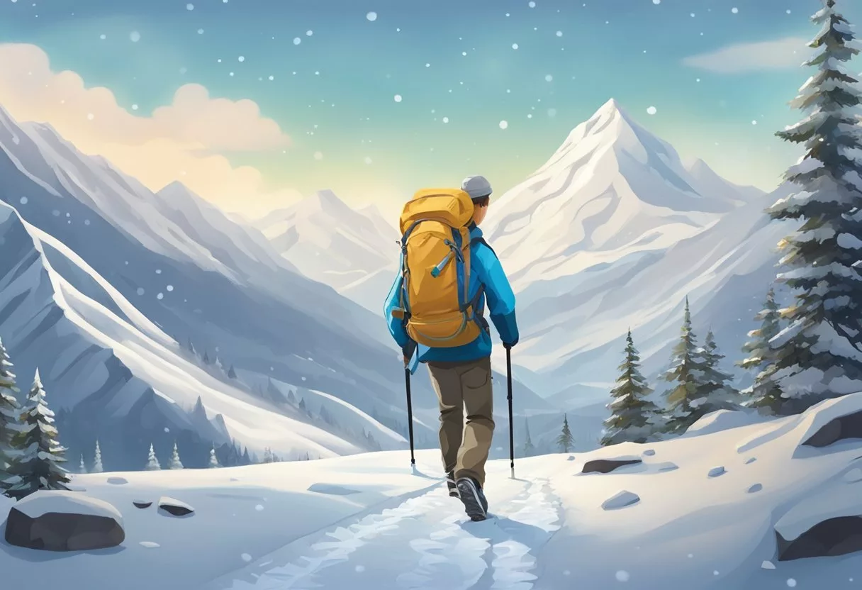 A person hiking up a snowy mountain, carrying a backpack filled with healthy food and exercise equipment. Snowflakes fall gently around them as they conquer the alpine terrain