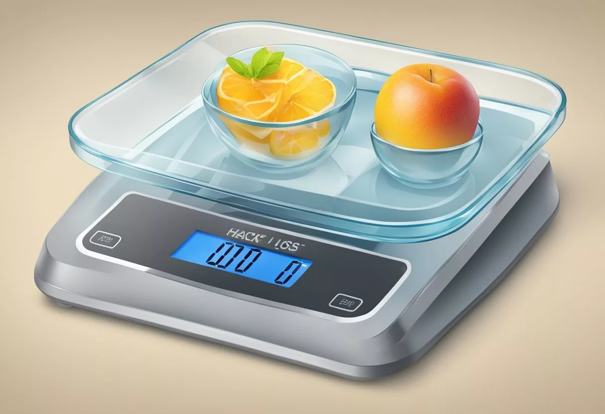 A scale with alpine ice hack product and weight loss results displayed