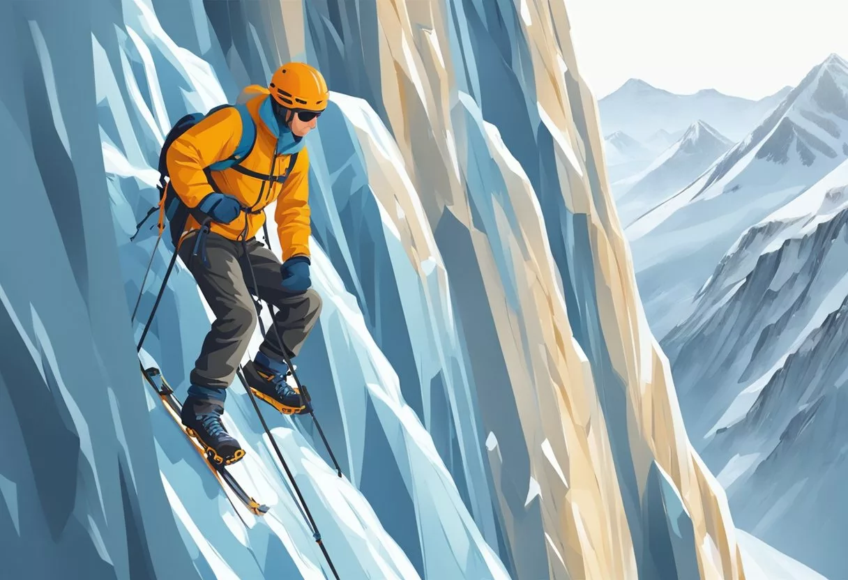 A mountain climber scales a steep alpine ice wall, using an ice axe to hack away at the frozen surface, determined to reach the summit