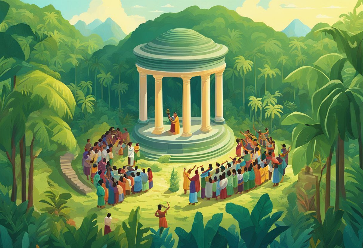 A missionary preaching to a group of indigenous people in a lush jungle clearing, surrounded by ancient ruins and exotic wildlife