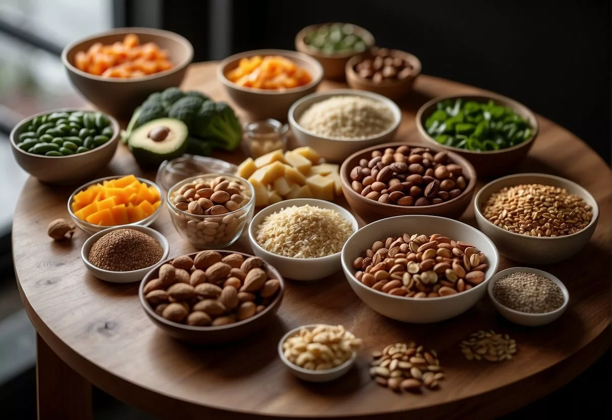 A table with various foods, including meat, vegetables, nuts, and seeds. A sign with "Keto" and "Paleo" labels on each side