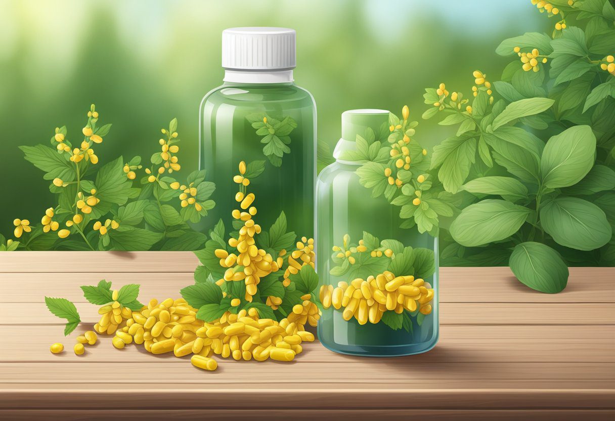Berberine capsules on a wooden table with a backdrop of herbal plants and a bottle of water