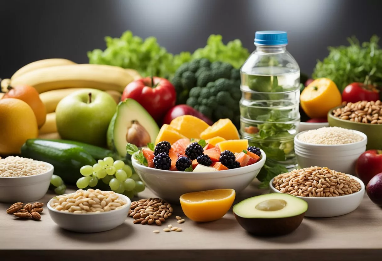 A table filled with healthy, nutrient-dense foods: fruits, vegetables, lean proteins, and whole grains. A water bottle sits nearby