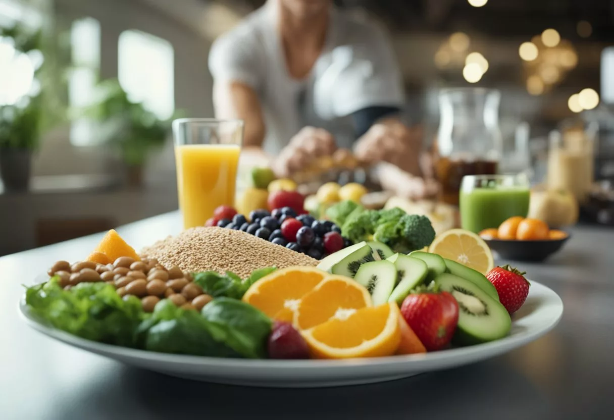 A table with a variety of healthy foods, such as fruits, vegetables, lean proteins, and whole grains. A person reading a nutrition label and exercising in the background