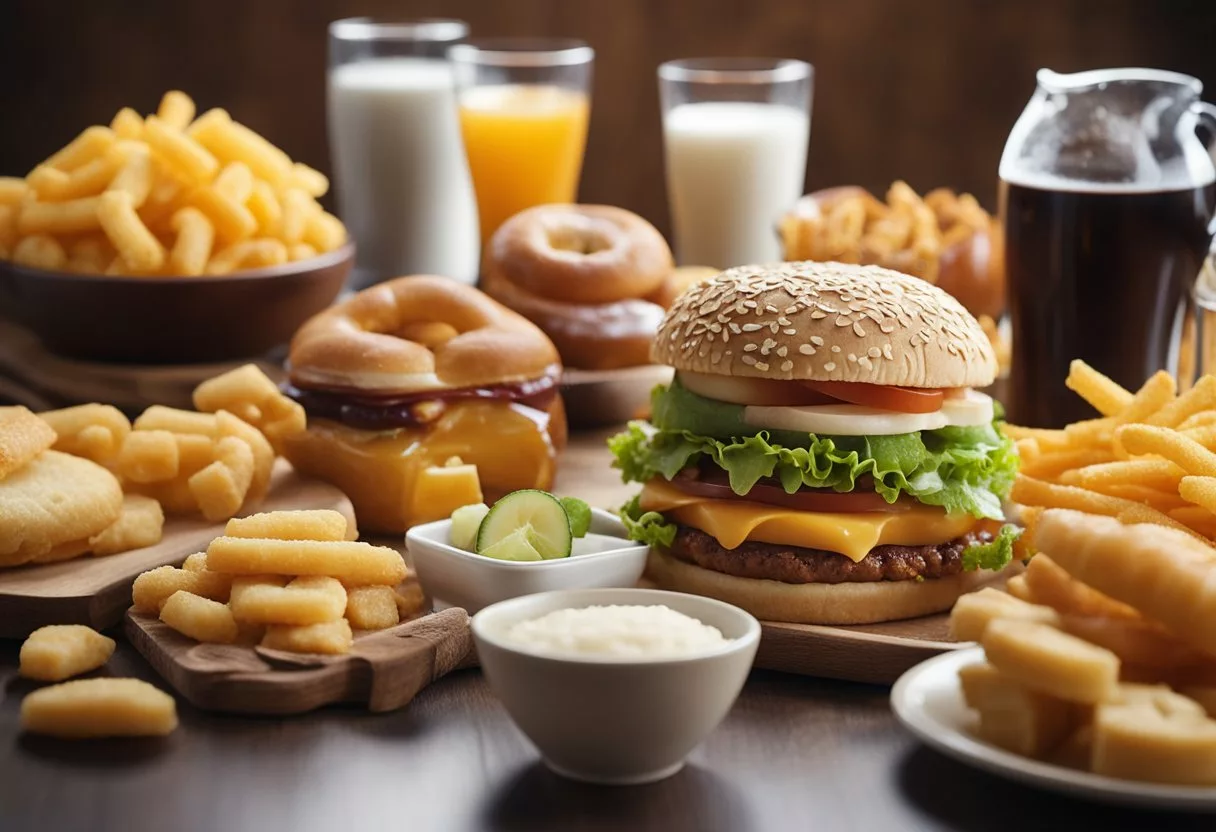 A table with high-sugar, processed foods and drinks. Also, a variety of fried and fatty foods