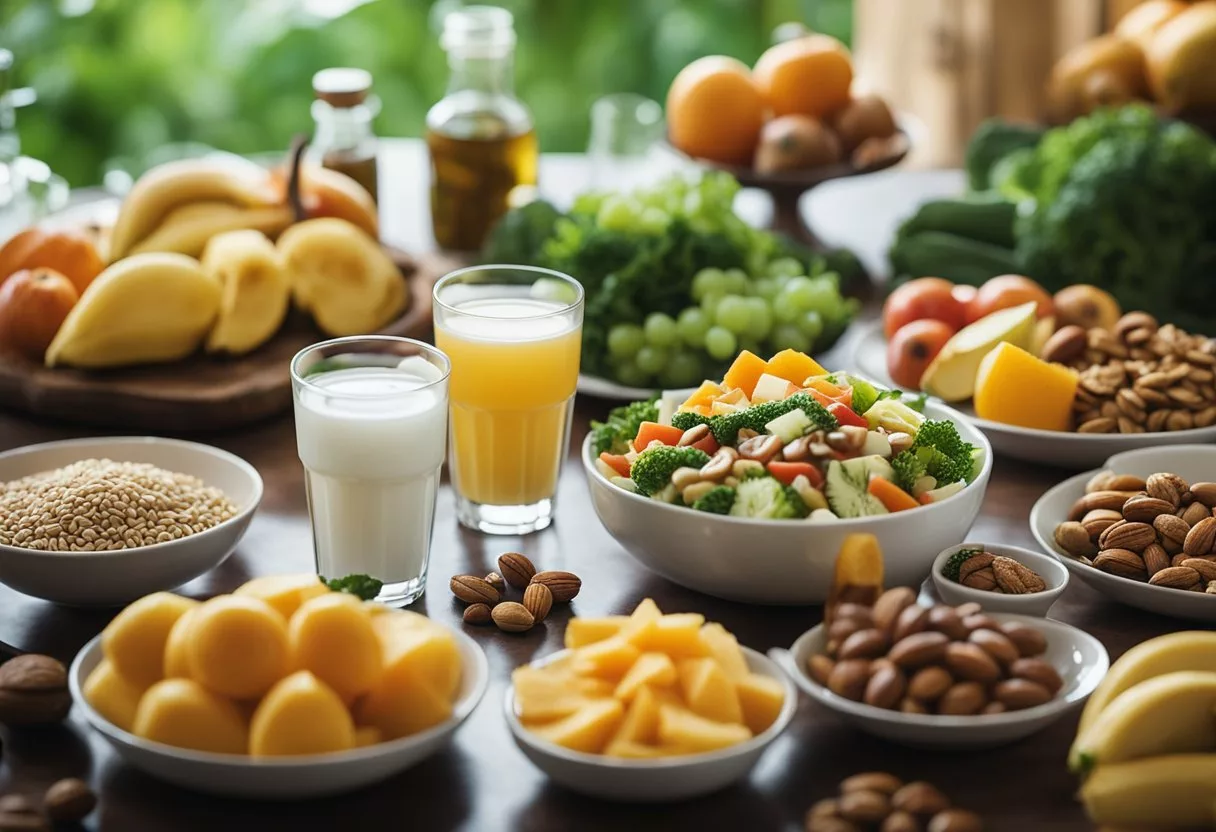 An endomorph's diet: A table filled with healthy, nutrient-dense foods like lean proteins, colorful fruits and vegetables, whole grains, and nuts. A glass of water sits nearby