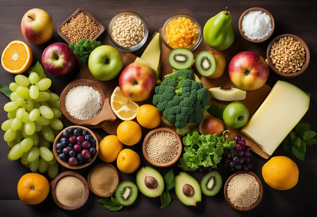 A table filled with lean proteins, complex carbohydrates, and healthy fats. Fruits, vegetables, and whole grains are arranged in a balanced and colorful display, highlighting the recommended foods for endomorphs