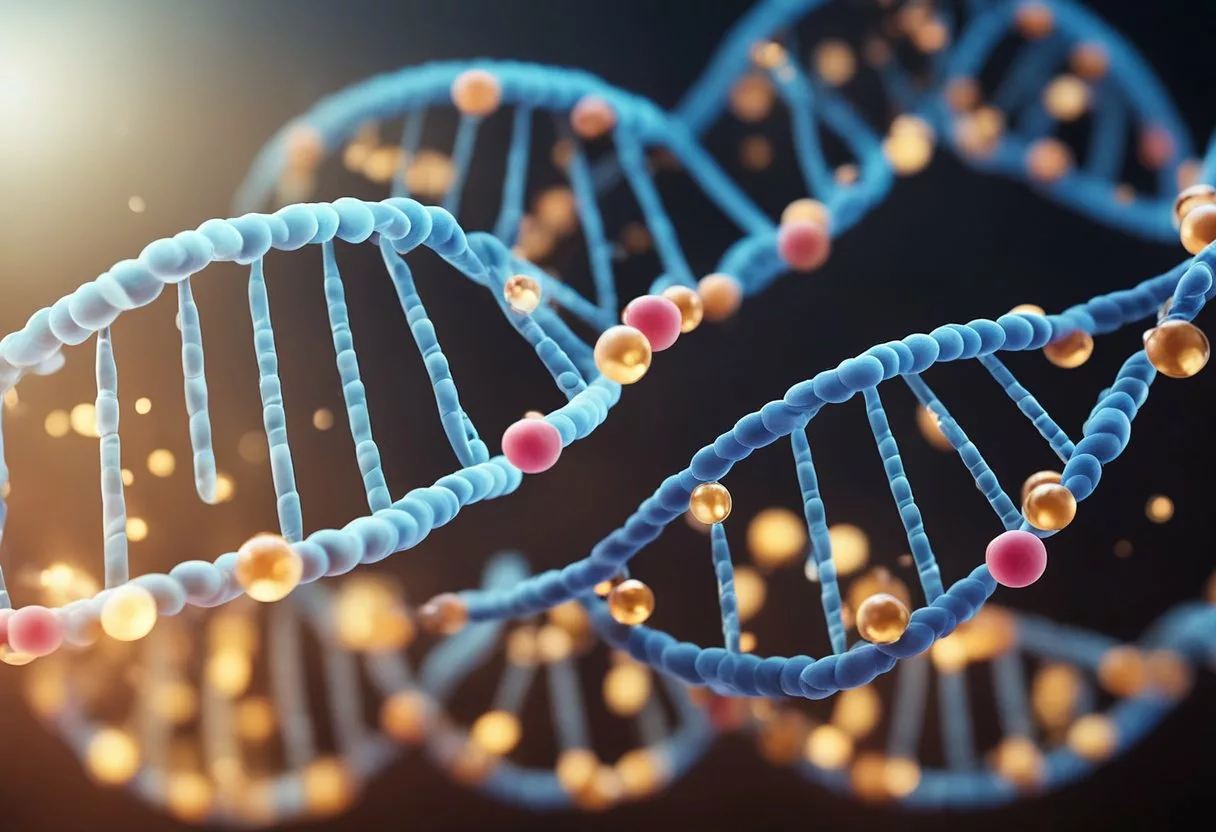 A DNA double helix unravels, with molecules of food and nutrients intertwining with the genetic code, illustrating the concept of nutrigenetics and personalized nutrition through methylation