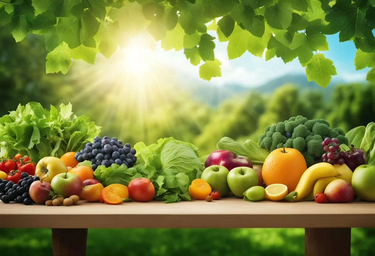 Sunlight filters through green leaves onto a table of colorful fruits and vegetables. A DNA strand hovers in the background, with methyl groups attaching to specific sites