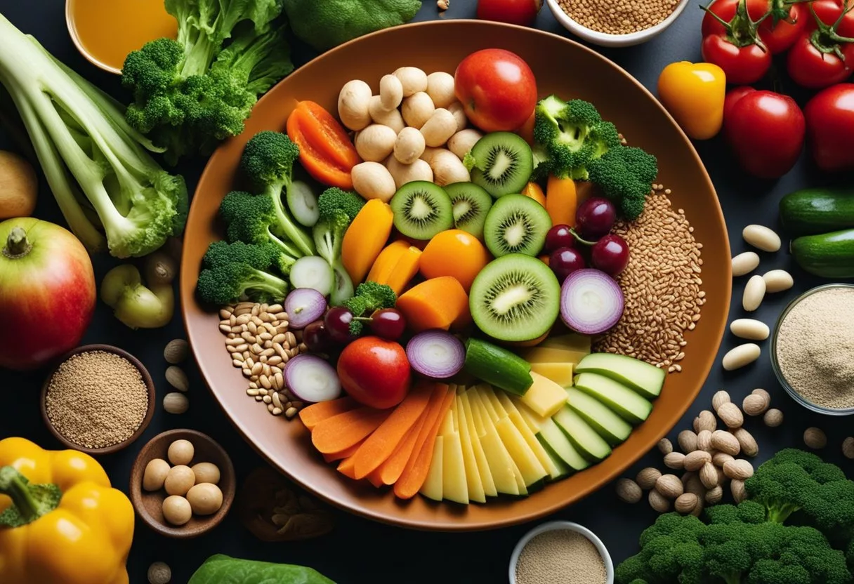 A colorful plate of vegetables, fruits, and whole grains surrounded by vitamin and mineral supplements