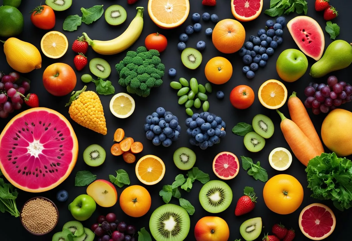 A colorful array of fruits, vegetables, and whole grains surrounded by swirling DNA strands and vibrant methyl groups