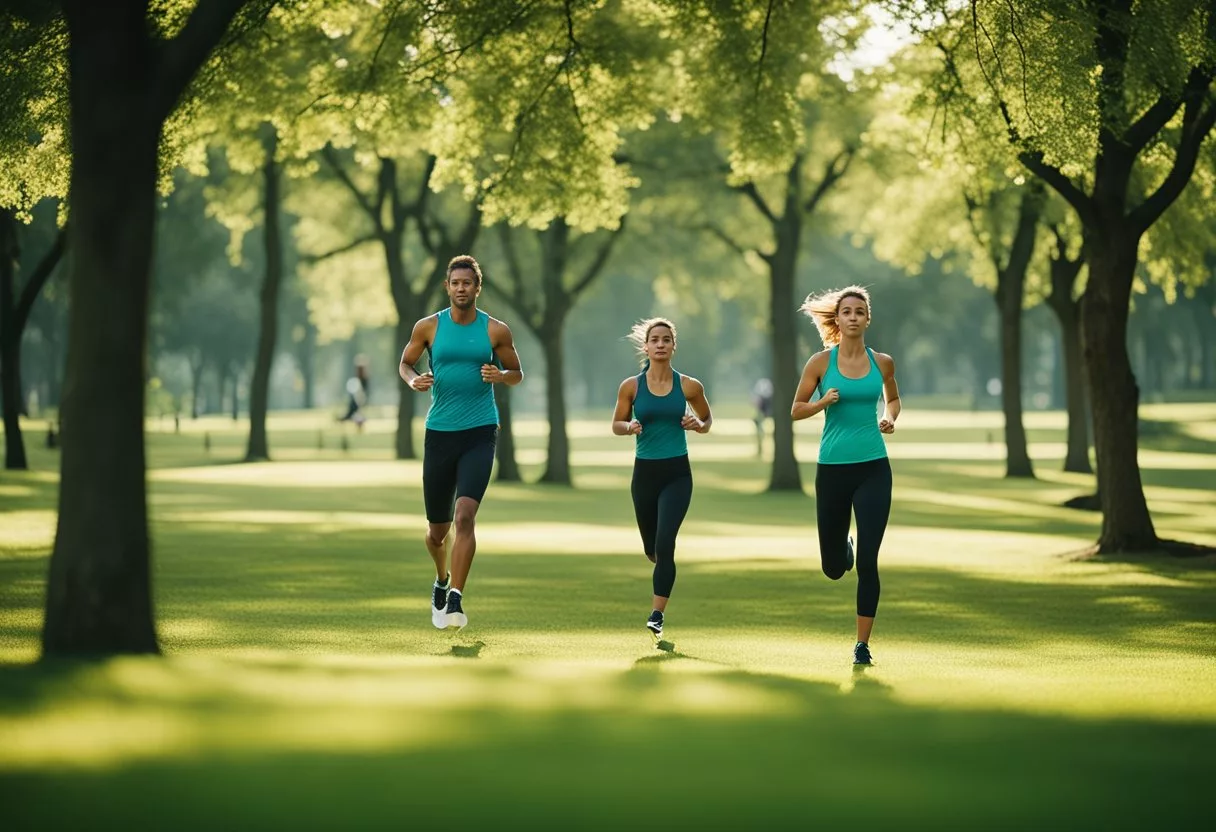 A serene natural environment with a healthy lifestyle setting, such as a clean and green park with people exercising and engaging in outdoor activities