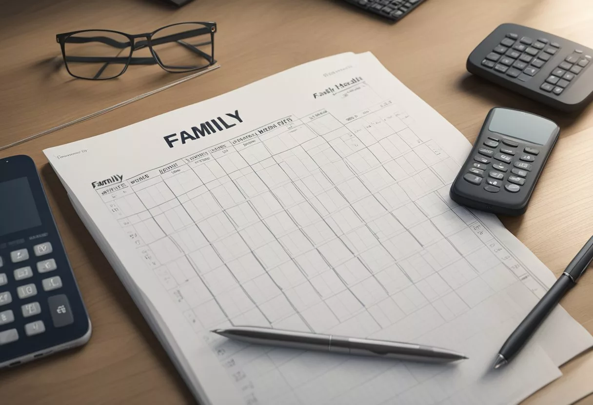 A table with a calendar, phone, and notebook. A stack of papers labeled "family health history." A computer with a spreadsheet open