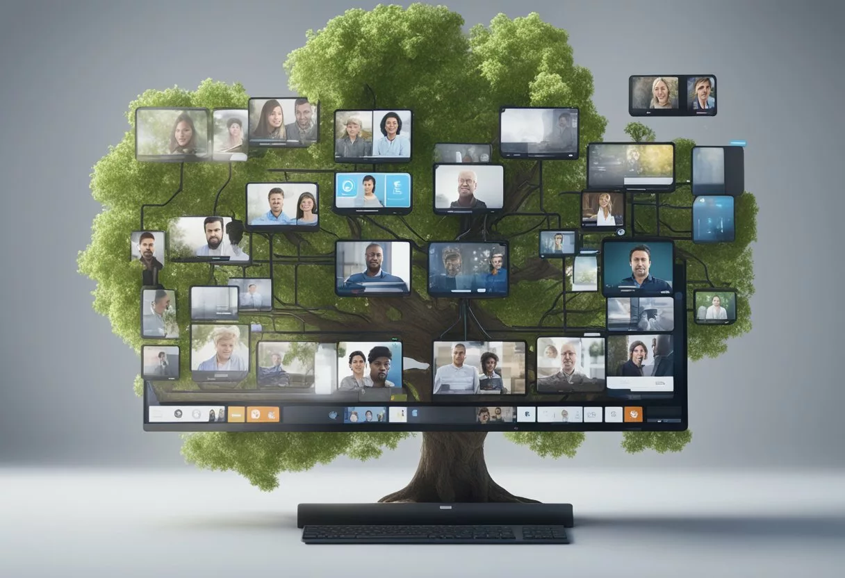 A family tree displayed on a computer screen, with various social media icons representing connections and communication between family members