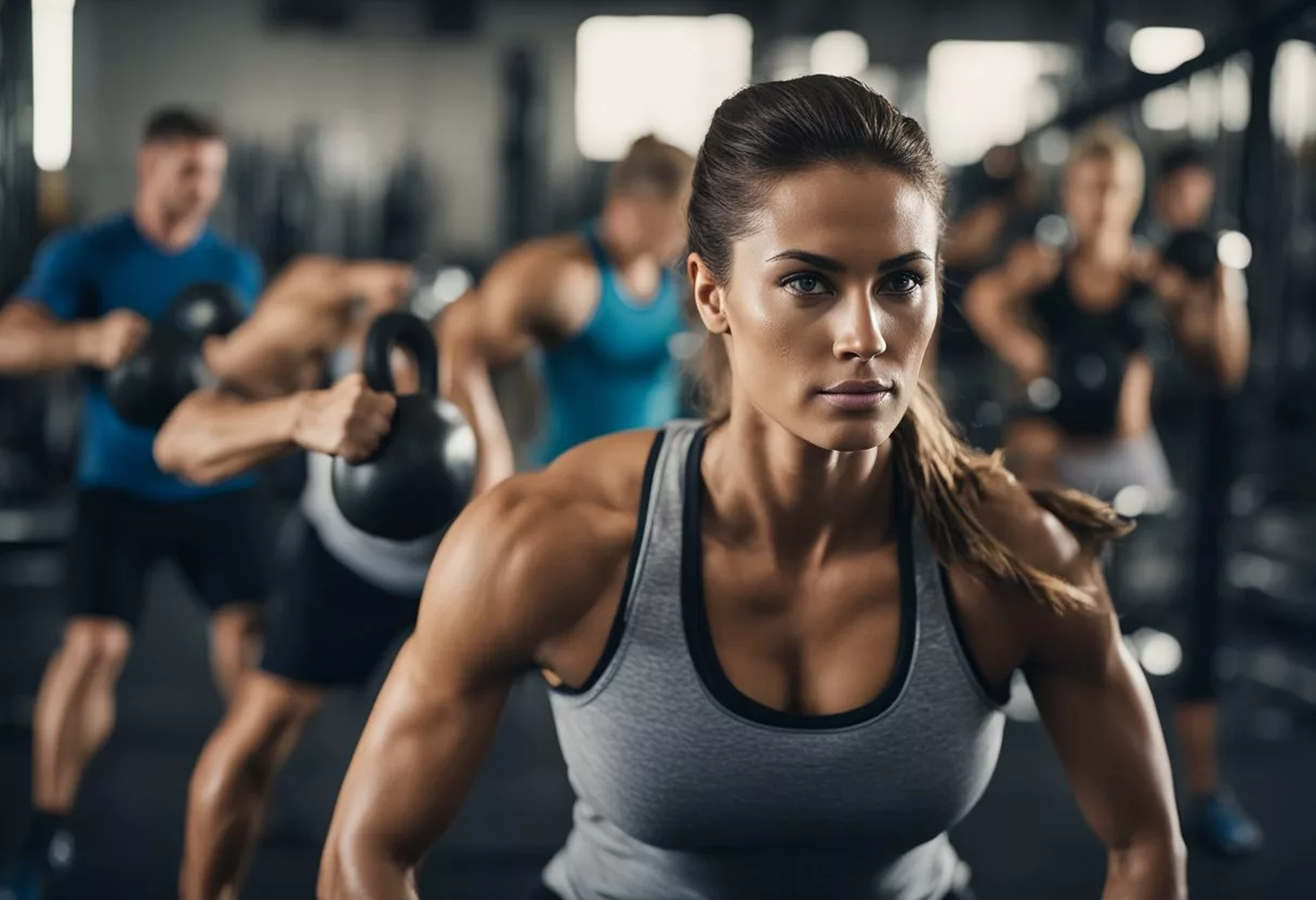 A gym setting with various equipment like kettlebells, battle ropes, and rowing machines. Sweat drips down the faces of people working out intensely