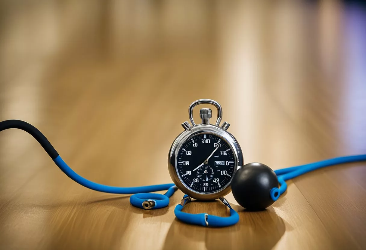 A stopwatch beside a kettlebell and a jump rope on a gym floor