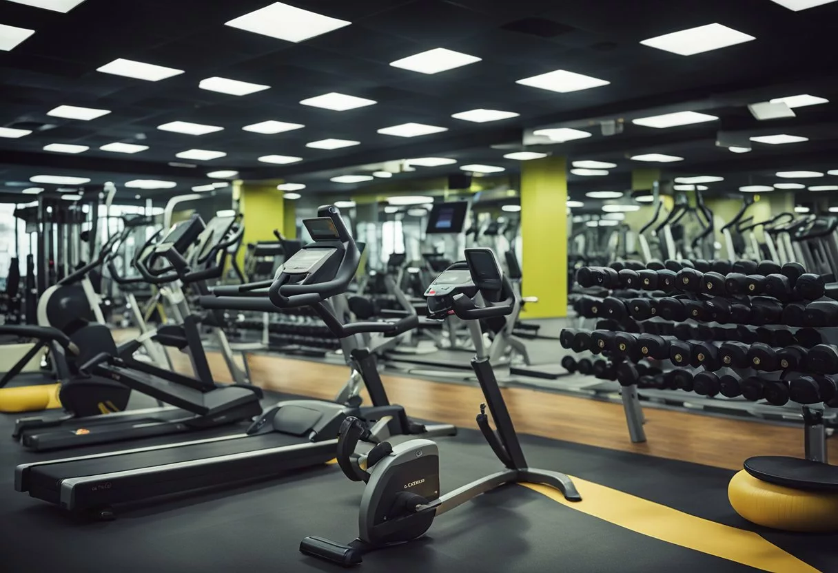 A diverse range of exercise equipment, such as weights, resistance bands, and cardio machines, arranged in a gym setting, with a focus on intensity and variety