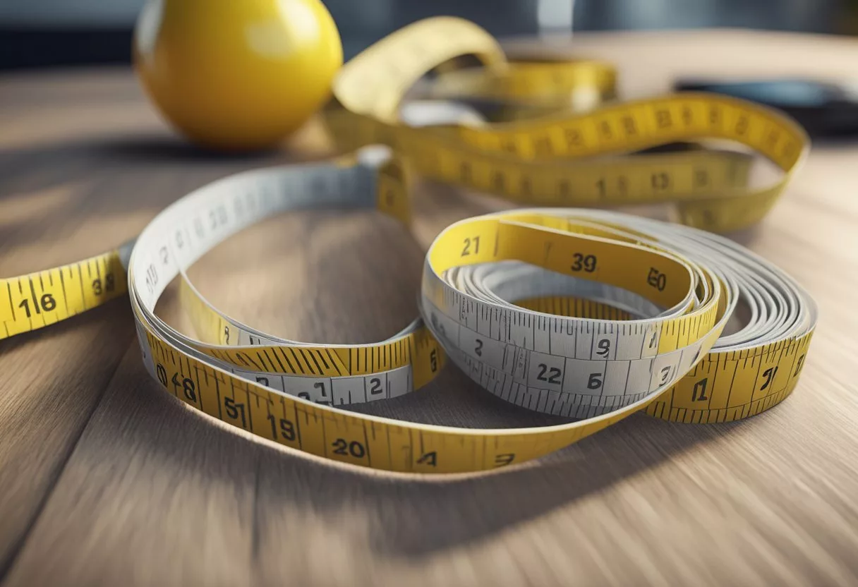 A tape measure wraps around FUPA, a bulging pubic area. A healthy meal and exercise plan lay nearby