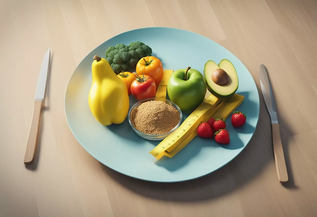 A plate of healthy, colorful foods arranged in a balanced manner with a measuring tape nearby, symbolizing a strategic approach to reducing FUPA through nutrition