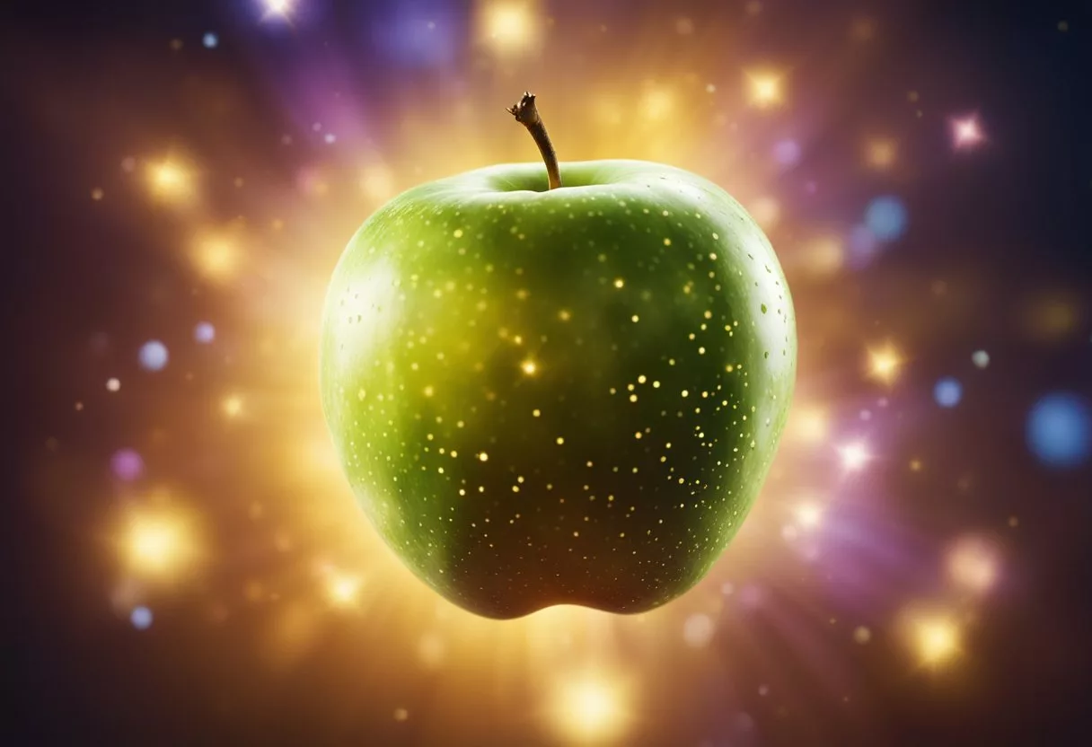 A ripe apple hovers in the air, emitting a warm glow. Around it, tiny sparkles of energy swirl and merge, creating a vibrant aura of health and vitality