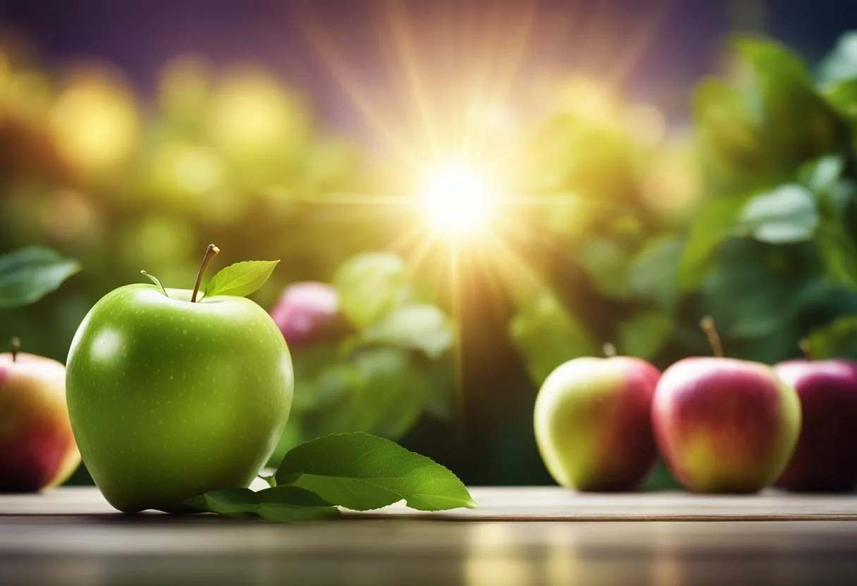 A ripe apple hovers above a table, surrounded by a halo of vibrant energy. Rays of light emanate from the fruit, symbolizing the positive impact on the body