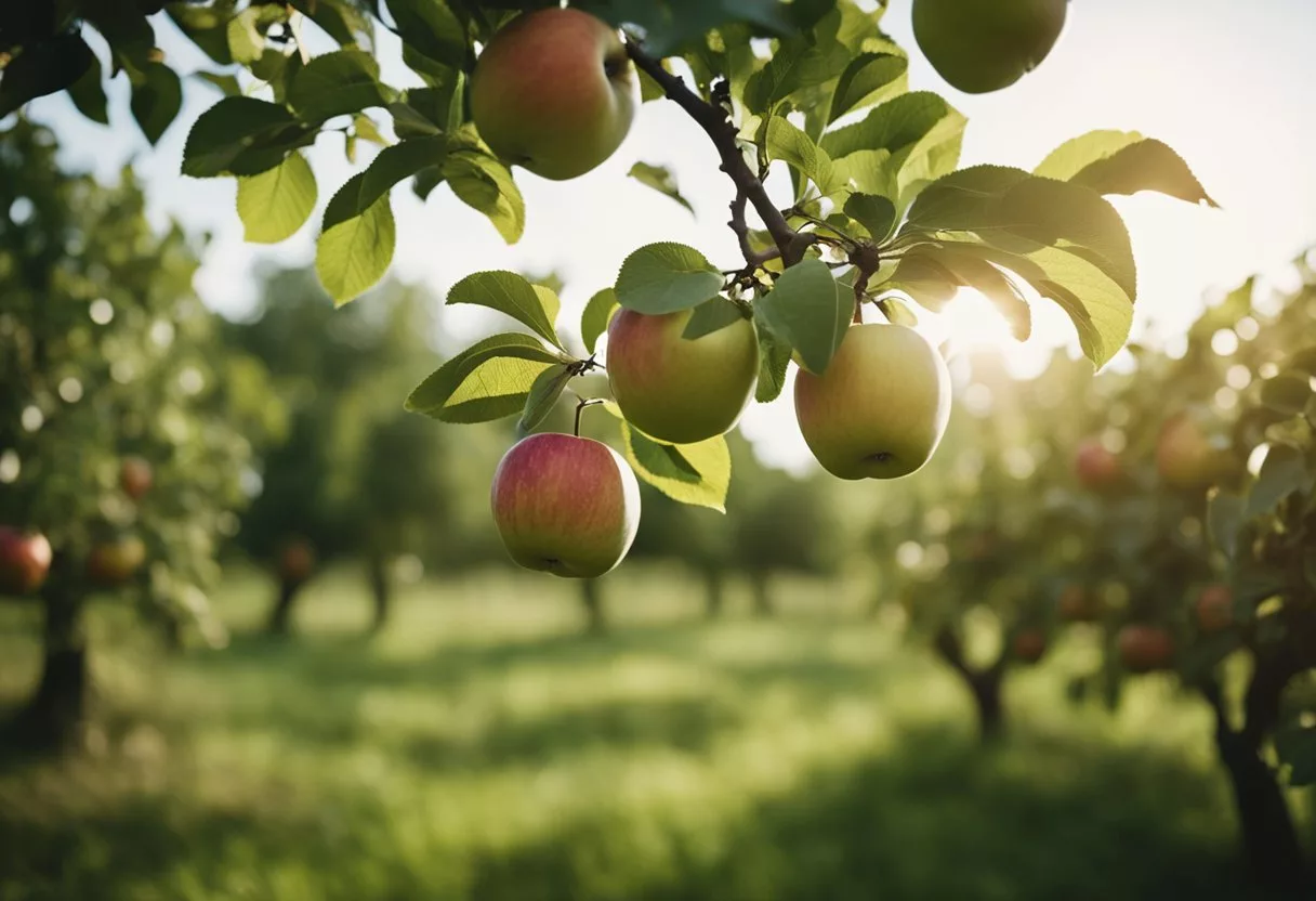 An apple tree stands tall in a lush orchard, its branches heavy with ripe fruit. A person approaches, plucks an apple, and takes a bite, the sweet aroma filling the air