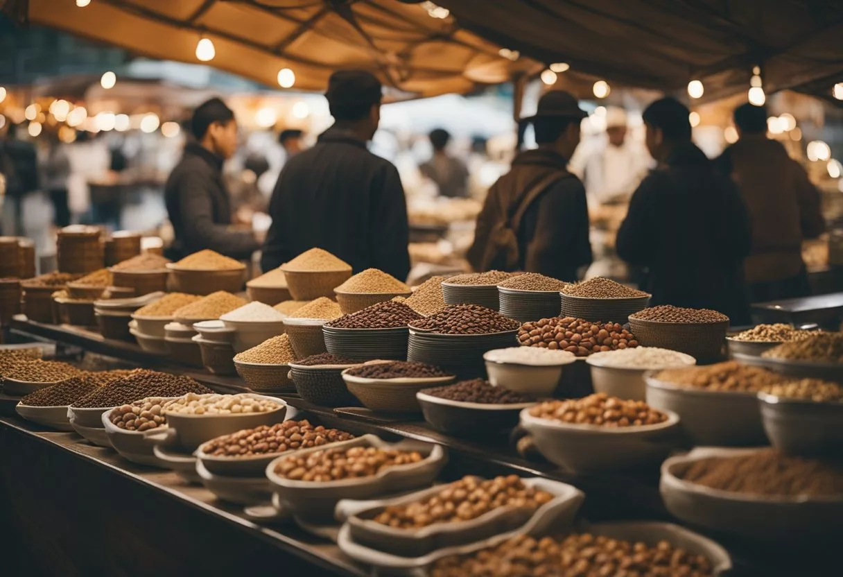 A bustling market with two separate coffee stands, one selling traditional coffee and the other offering mushroom coffee. Customers are seen comparing the two options, while vendors eagerly promote the unique benefits of each product