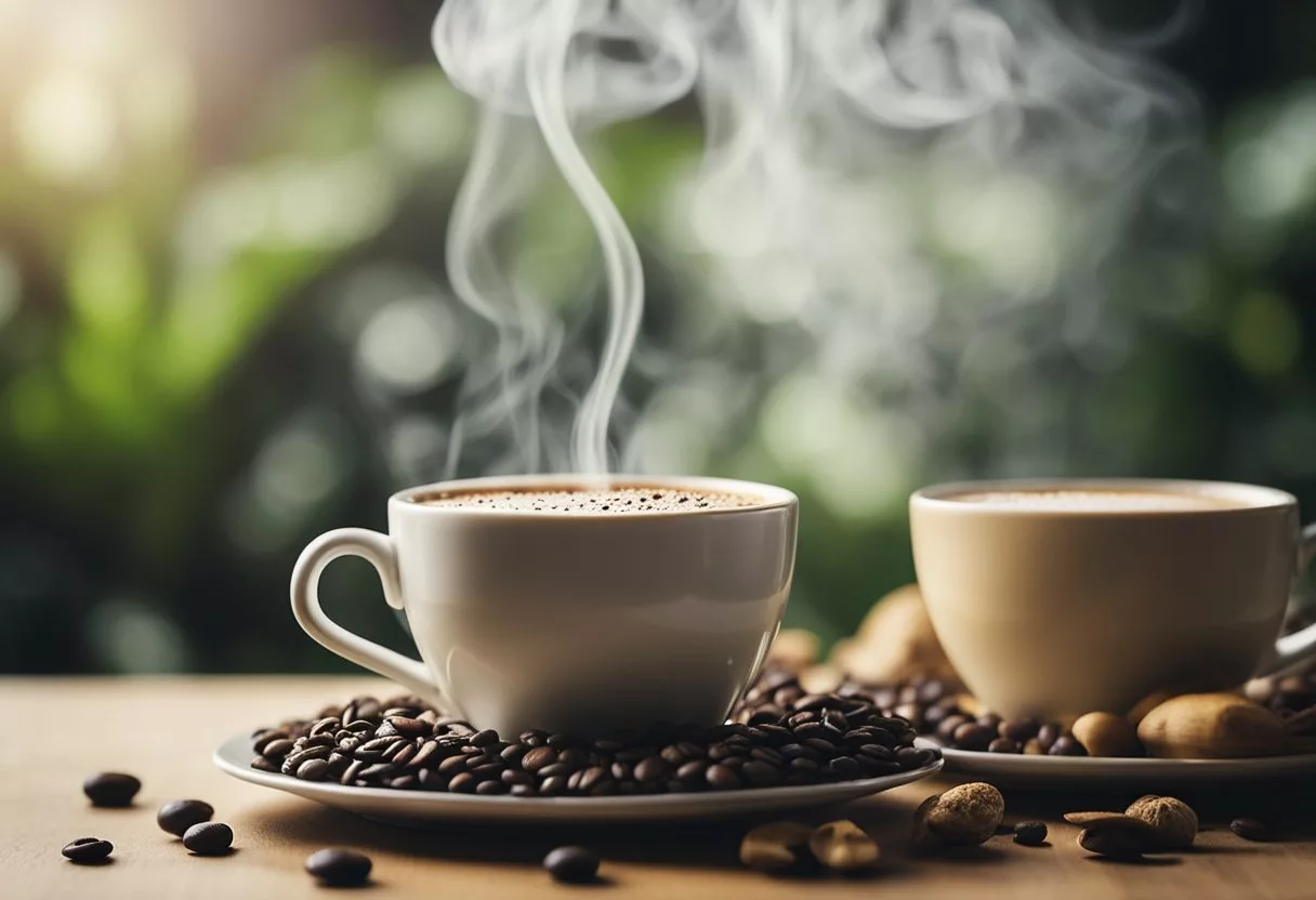 A steaming cup of traditional coffee sits next to a unique mushroom coffee blend. The rich aroma of both beverages fills the air, creating a contrasting yet inviting scene for the viewer