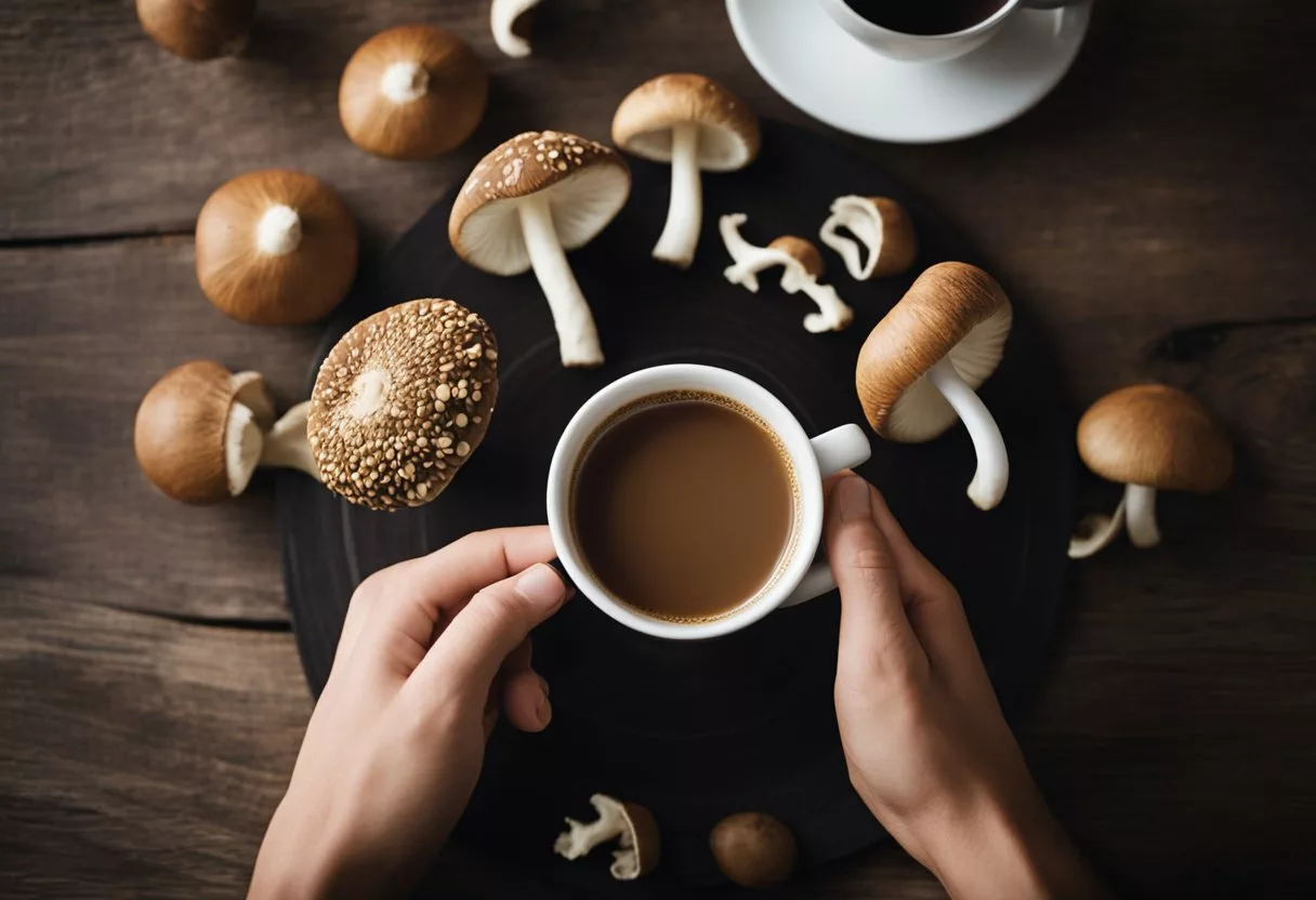 A person enjoying a cup of mushroom coffee while feeling calm and focused, compared to feeling jittery and anxious after drinking traditional coffee