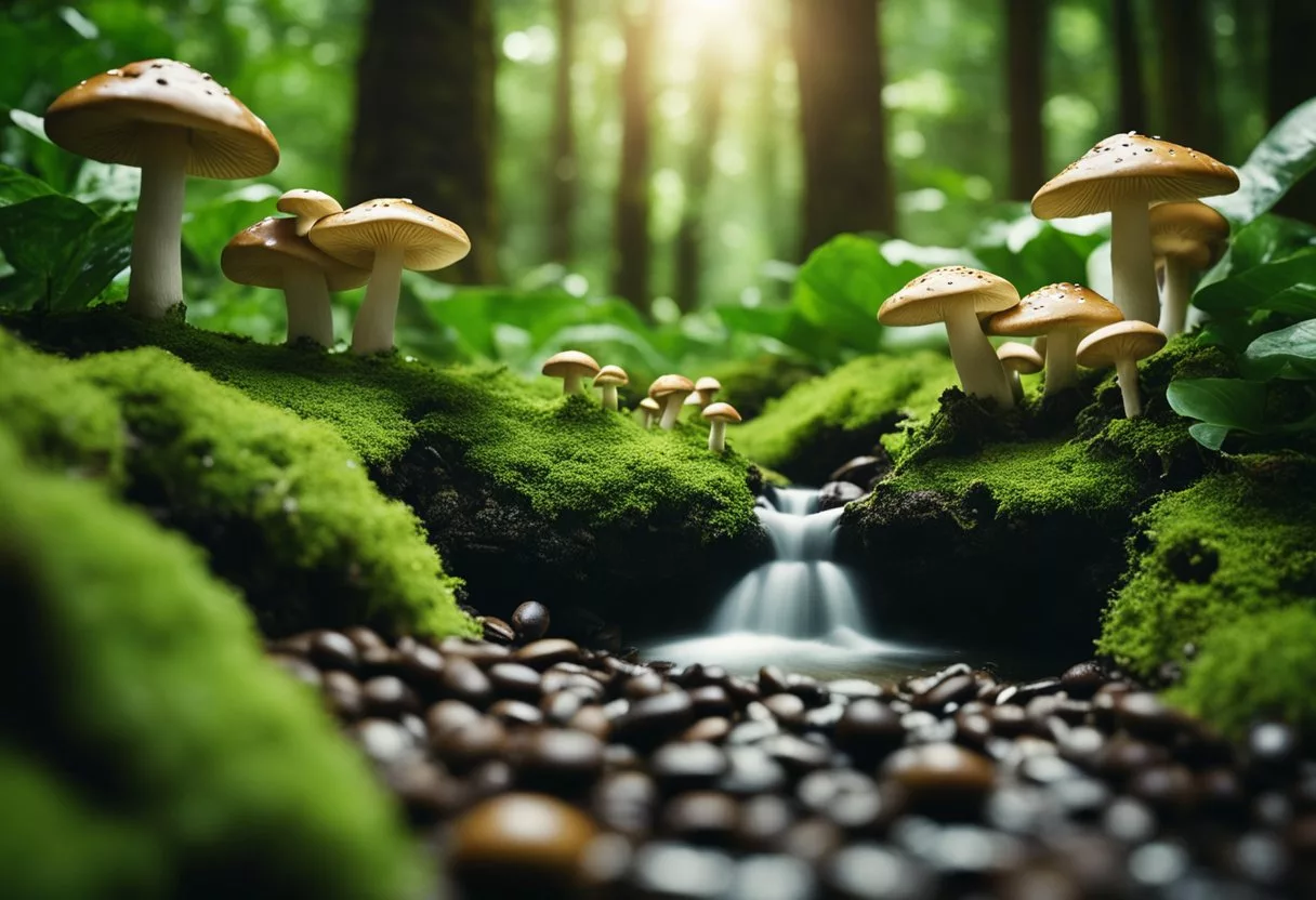 A lush forest with a clear stream, mushrooms growing alongside coffee plants. Traditional coffee beans contrasted with sustainable mushroom coffee