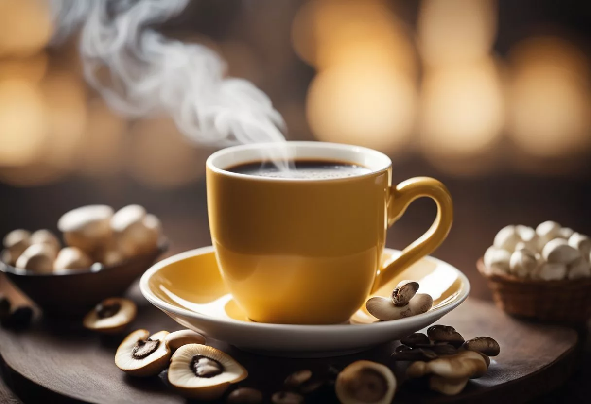 A steaming cup of mushroom coffee sits next to a traditional coffee mug. Both are surrounded by images of energy, focus, and health benefits