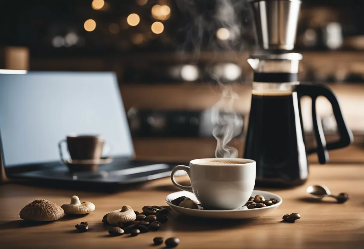 A steaming cup of mushroom coffee sits next to a classic mug of traditional coffee, both surrounded by modern coffee brewing equipment