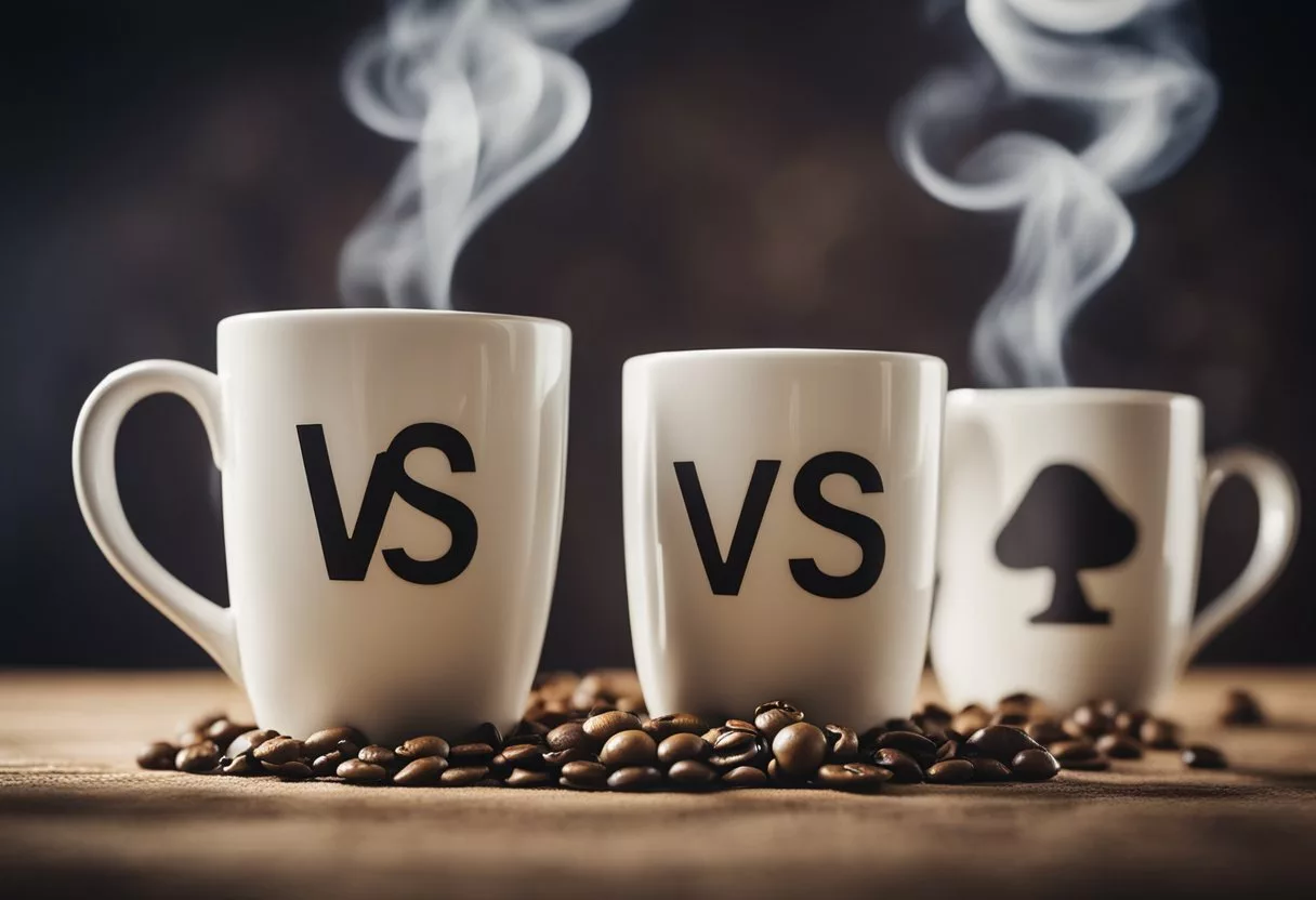 A steaming cup of mushroom coffee sits next to a traditional coffee mug. Both are surrounded by question marks and a "vs" symbol, representing the comparison between the two types of coffee