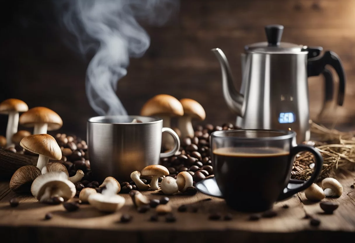 A steaming cup of mushroom coffee sits next to a traditional coffee pot on a rustic wooden table. A pile of freshly picked mushrooms and coffee beans are scattered around, ready to be brewed and enjoyed
