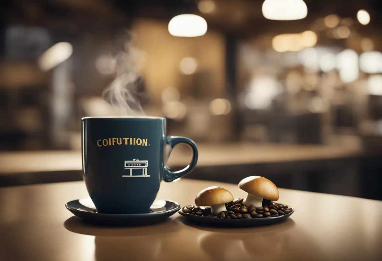A steaming cup of mushroom coffee sits next to a traditional coffee mug. A caution sign hovers over the mushroom coffee, while a question mark looms over the traditional coffee