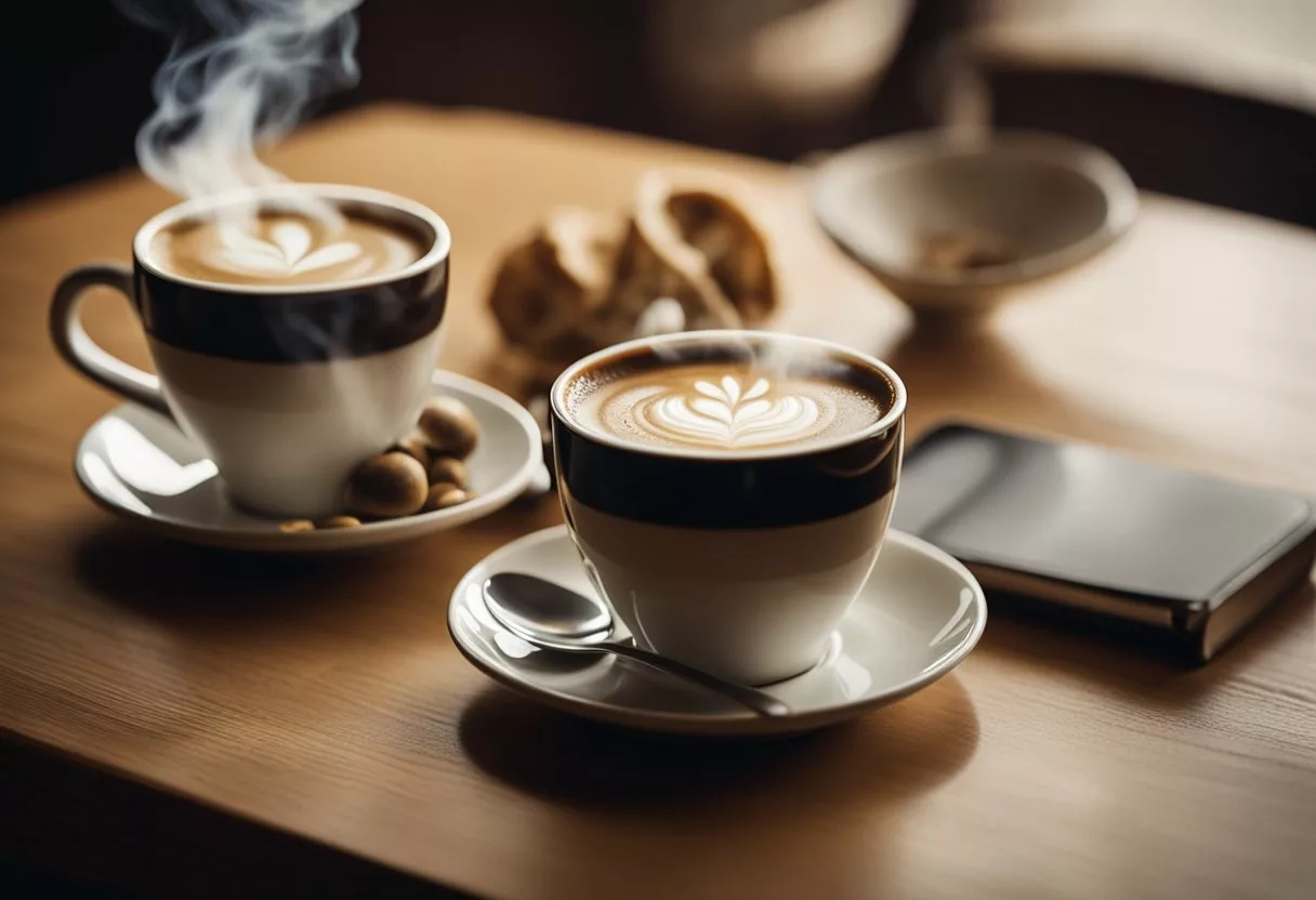 A steaming cup of mushroom coffee and a traditional coffee sit side by side on a wooden table. The warm, earthy aroma of the mushroom coffee contrasts with the rich, bold scent of the traditional coffee