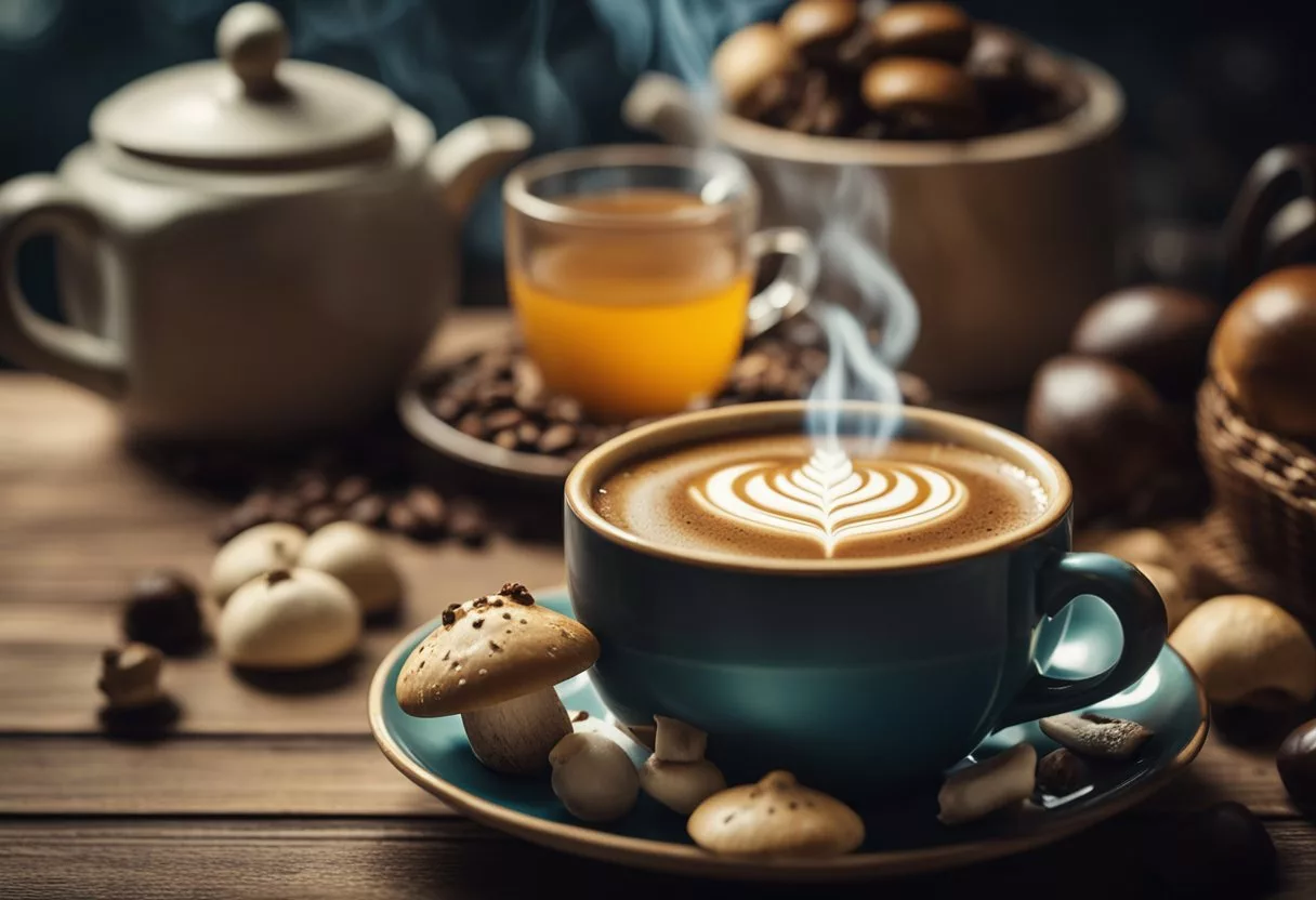 A steaming cup of traditional coffee sits next to a mug of mushroom coffee, surrounded by cultural symbols and societal references