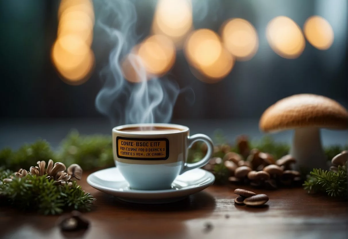 Mushroom coffee risk: Show a steaming cup of coffee with mushrooms nearby, caution signs, and a warning label
