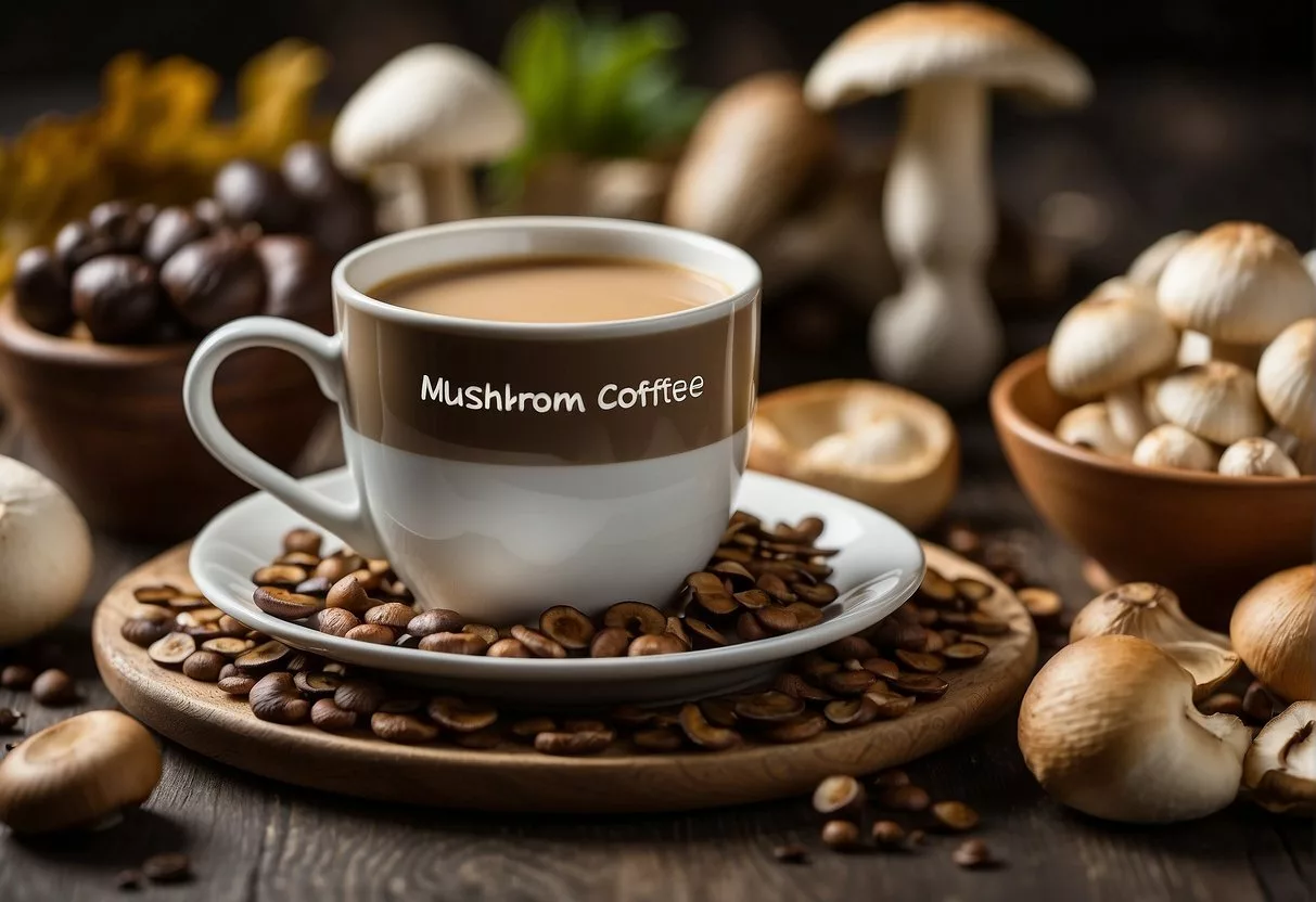 A cup of mushroom coffee surrounded by various types of mushrooms, with a label displaying health benefits and nutritional value