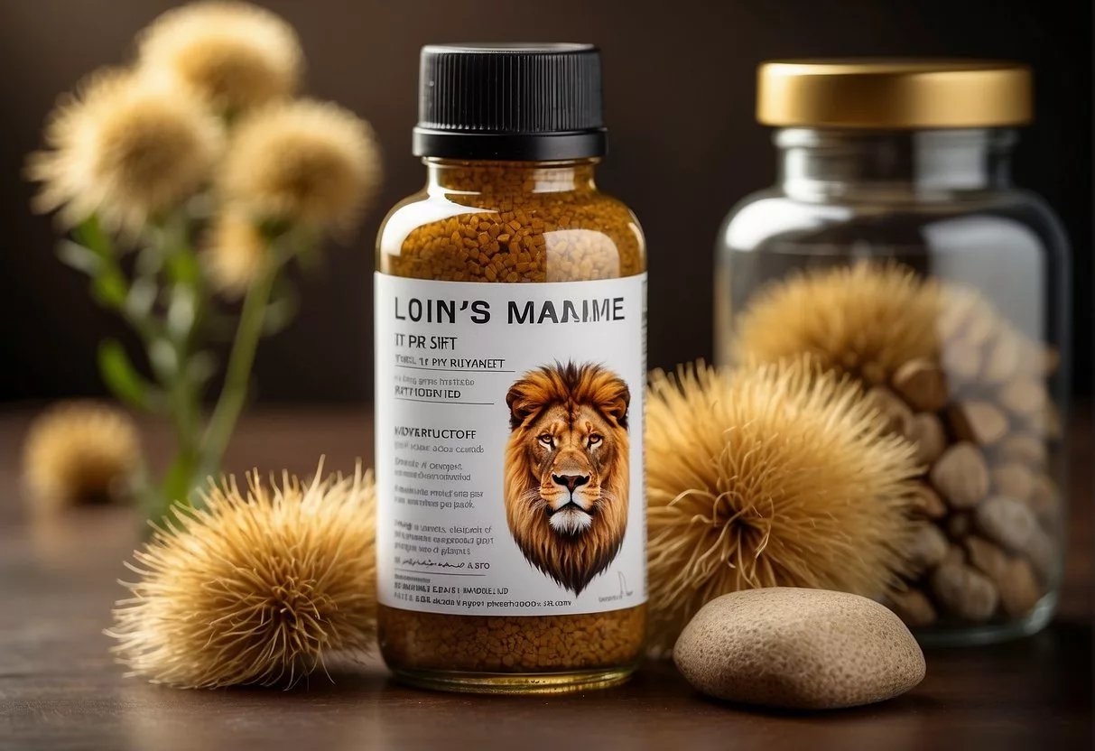 Lion's mane illustration: A bottle of lion's mane supplement with dosage instructions, a person administering it, and a safety warning label
