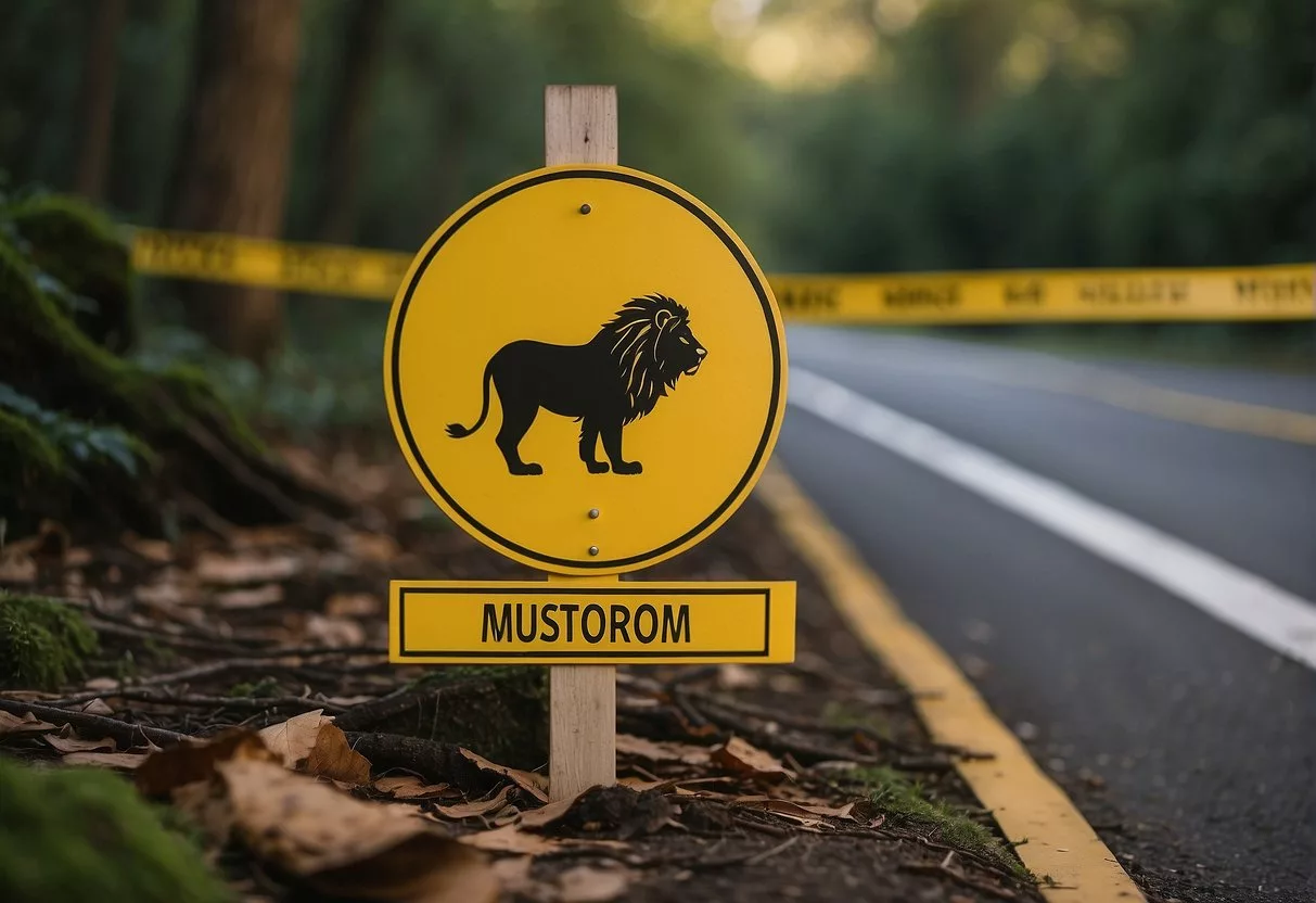 A lion's mane mushroom with warning signs and caution tape