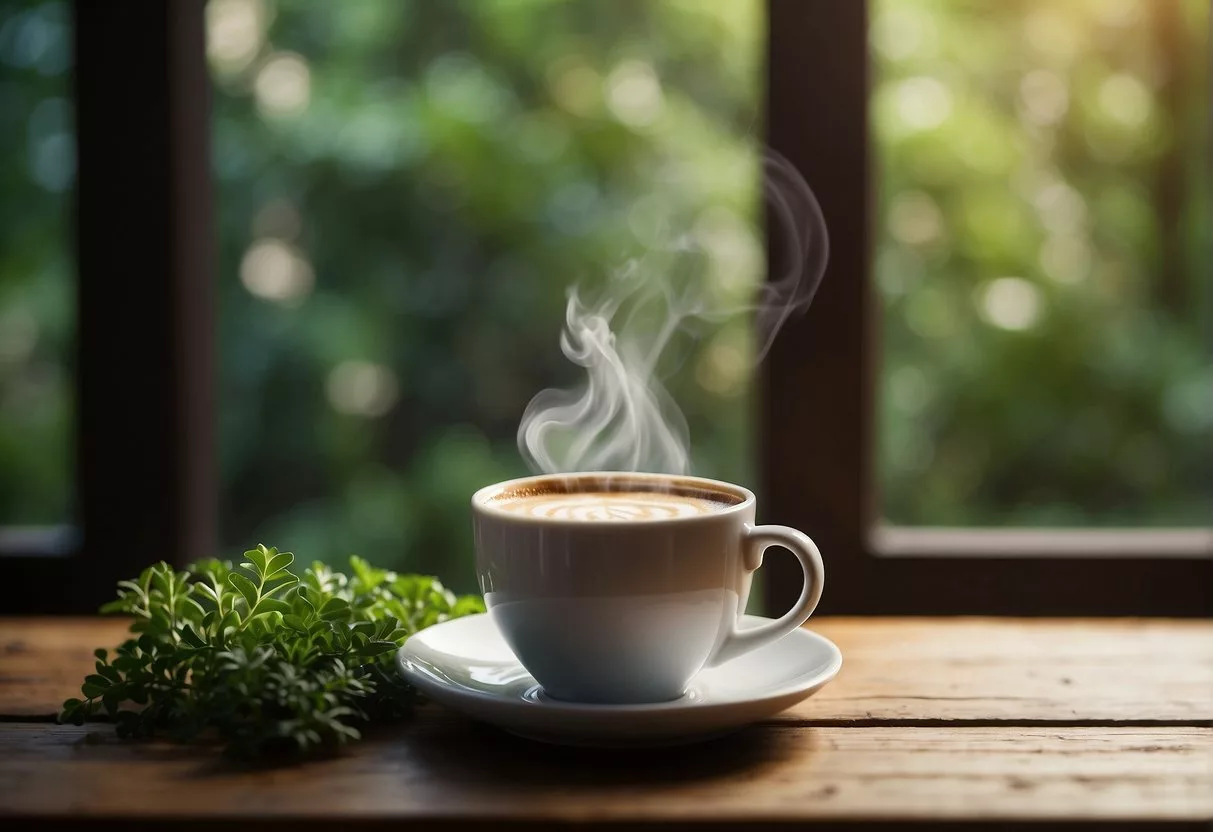 A steaming cup of RYZE Mushroom Coffee sits on a rustic wooden table, surrounded by vibrant greenery and natural light streaming in through a window