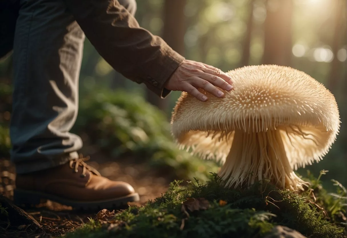 A person examines a lion's mane mushroom. The mushroom is large and white with long, flowing tendrils. The person appears curious and engaged
