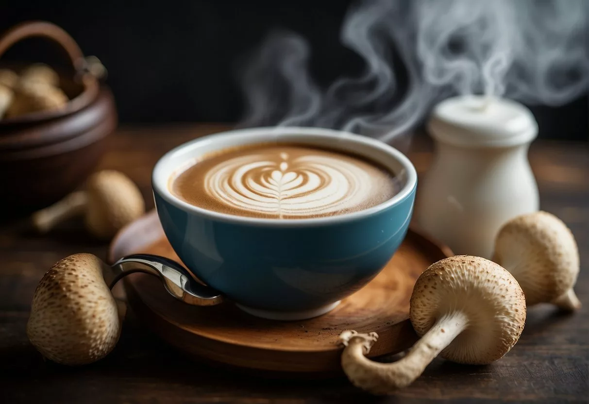 A steaming cup of mushroom coffee sits next to a scale, surrounded by fresh mushrooms and a measuring tape