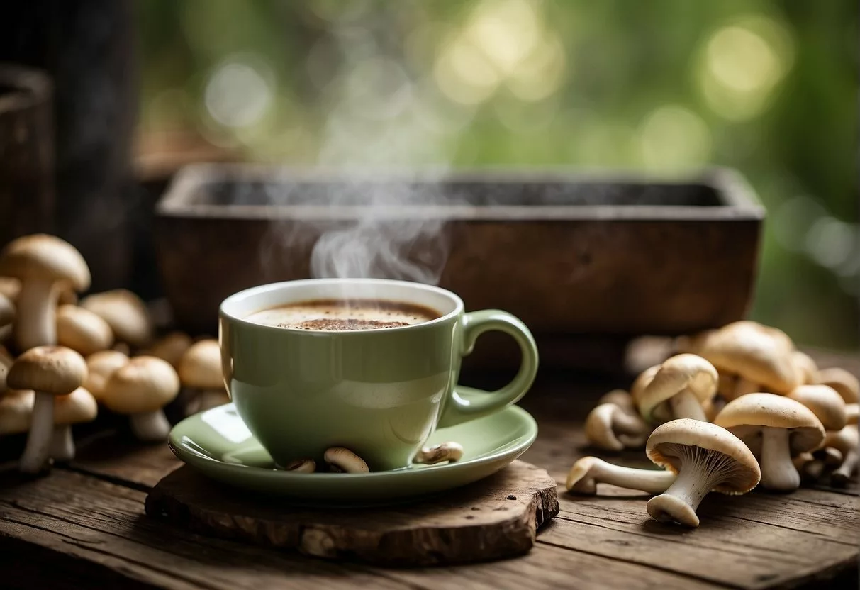 A steaming cup of mushroom coffee sits on a rustic wooden table, surrounded by fresh mushrooms and a scale, suggesting a connection to weight loss