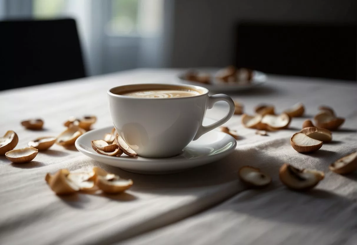 A cup of mushroom coffee spills, causing a stain on a white tablecloth. Empty mushroom packets are scattered nearby