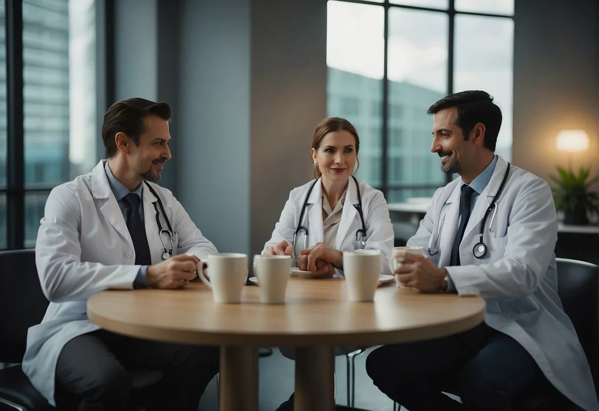 Doctors recommend mushroom coffee. A group of doctors discussing its benefits in a modern medical office