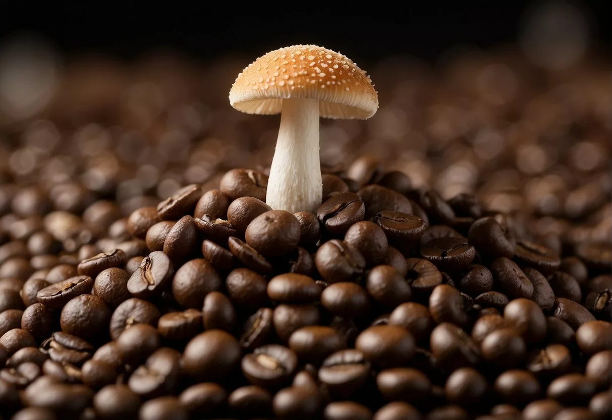 A small mushroom standing on a pile of coffee beans, with a price tag showing a high cost