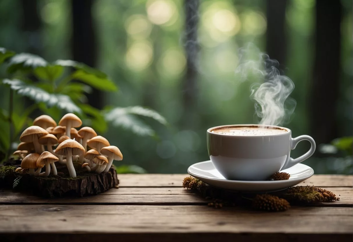 A steaming cup of mushroom coffee sits on a rustic wooden table, surrounded by wild mushrooms and a lush forest backdrop
